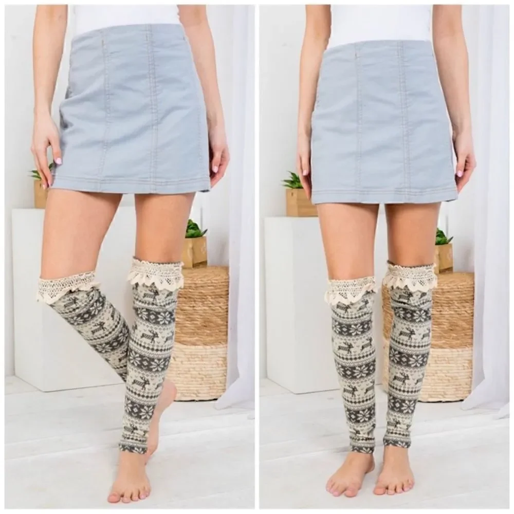 Nordic Print Leg Warmers/Boot Toppers Over the Knee Gray and Cream Color